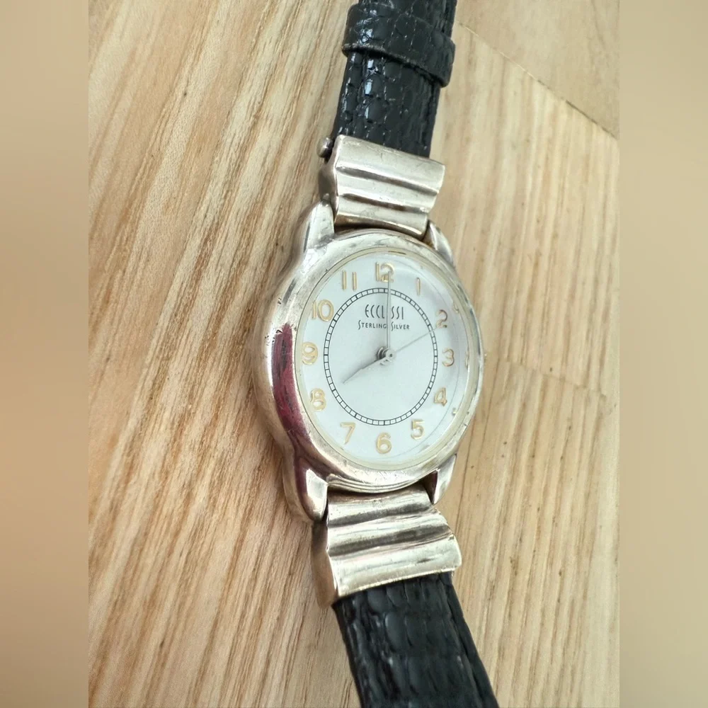 Ecclissi ladies sterling silver black leather watch NEW BATTERY